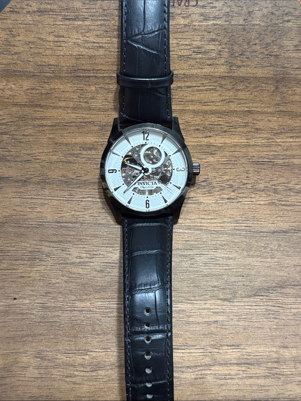 Invicta Men's Black Strap Silver Dial Skeleton Watch